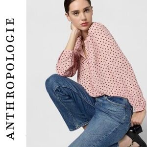 Adrianna Papell Blush Pink Polka Dot Lampsshade High Neck Flowy Coquette Blouse